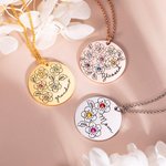 Collier Gravé Personnalisé avec 1-9 Pierres de Naissance et Prénom sur Médaille de Fleurs Sakura Cadeau Familial Fête des Mères pour Maman