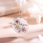 Collier Gravé Personnalisé avec 1-9 Pierres de Naissance et Prénom sur Médaille de Fleurs Sakura Cadeau Familial Fête des Mères pour Maman