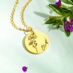 Gepersonaliseerde Geboorte Bloem Schijf Ketting met Gegraveerde Naam Moederdag Verjaardag GIft voor Vrouwen