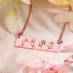 Collier à Personnaliser avec Fleur de Naissance Collier Rectangulaire Cadeau Anniversaire Saint-Valentin pour Famille Mère