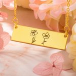 Collier à Personnaliser avec Fleur de Naissance Collier Rectangulaire Cadeau Anniversaire Saint-Valentin pour Famille Mère