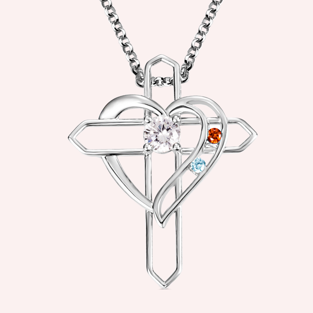 Personalised Family & Mothers Heart Cross Birthstone Necklace