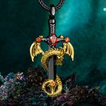 Personalised Wing Dragon Wrapped Sword Necklace with Birthstone Gothic Cross Pendant Jewellery Birthday Gift for Rock Punk Lovers