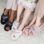 Personalised Bride Bridesmaid Cross Band Fluffy Slide Slippers with Name Bachelorette Hen Party Bridal Shower Weeding Gift for Women