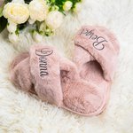 Personalised Bride Bridesmaid Cross Band Fluffy Slide Slippers with Name Bachelorette Hen Party Bridal Shower Weeding Gift for Women