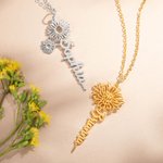 Collier Personnalisé avec Prénom Vertical et Fleur de Naissance Cadeau Fête des Mères pour Femme