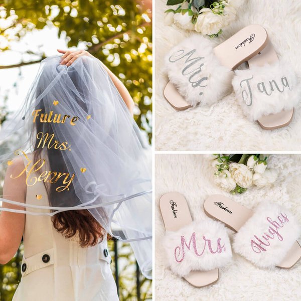 Personlig Bride to Be White Veil Sash Slippers Shoelaces Set med navn Bachelorette Bridal Shower Supplies for Bride