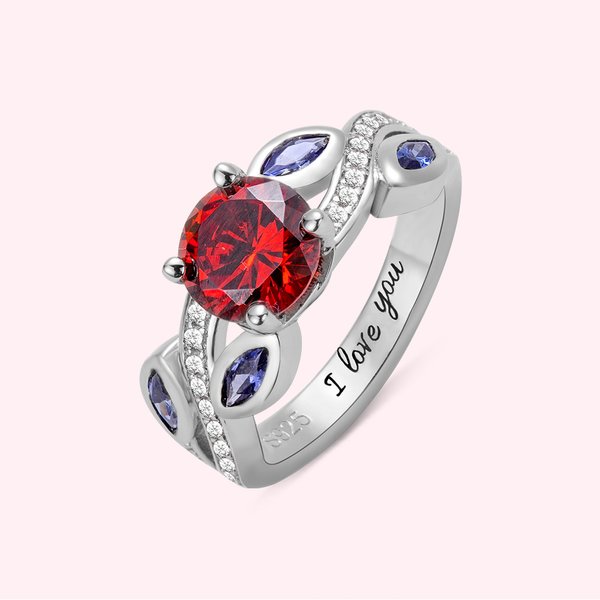 Anillo de Plata de Ley con Piedra de Nacimiento Grabada Rama Hojas