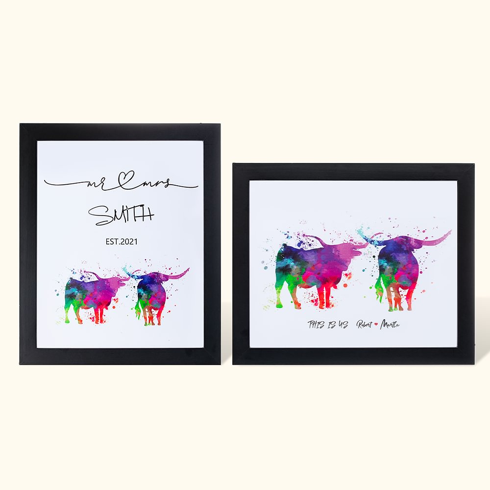 Texas Longhorn Cow Couple Watercolor Art Print