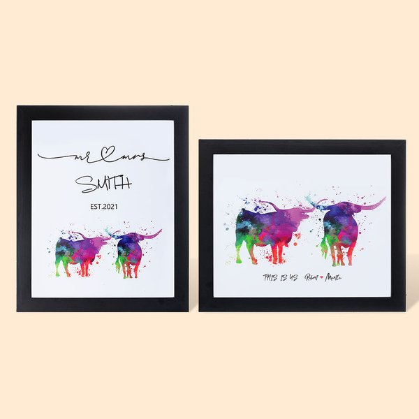 Texas Longhorn Cow Couple Watercolour Art Print