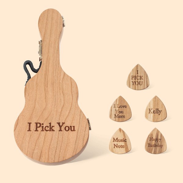 Grabado personalizado Estuche de madera de cerezo para guardar púas de guitarra con 1-5 púas Regalo de cumpleaños para músico guitarrista