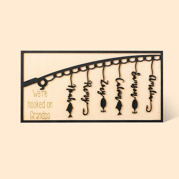 Tableau Pêche Personnalisé avec 1-6 Noms et Texte Gravé Décoration en Bois à Domicile Cadeau Fête des Pères Anniversarie pour Homme Amateur de Pêche