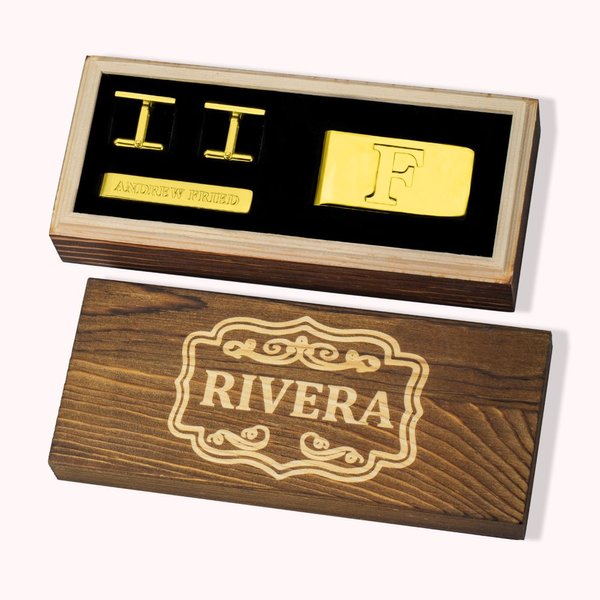 Ensemble de Pinces avec Boîte en Bois Personnalisé avec Texte Boutons de Manchette Pinces à Billets à Cravate Cadeau pour Homme