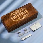 Set di gemelli e fermasoldi e fermacravatte da uomo personalizzati con scatola di legno