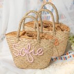 Sac à Cordon Personnalisé avec Nom Sac en Paille de Style Bohême Cadeau Voyage Anniversaire pour Femme