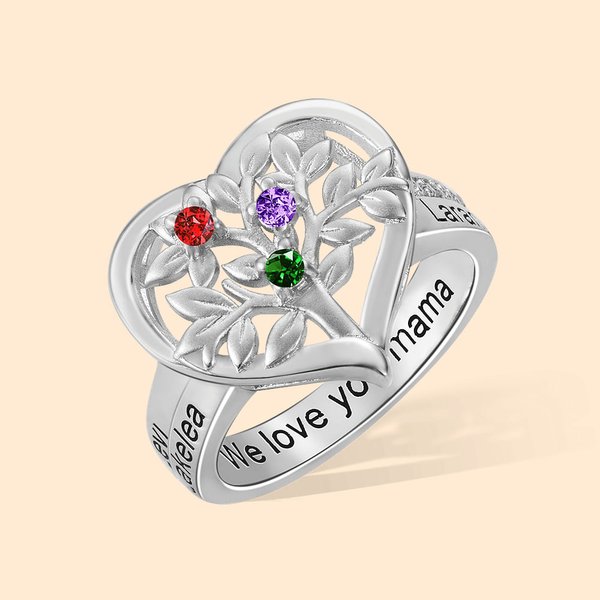 Customized Names & Birthstones Family Tree Heart Ring