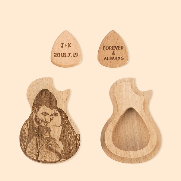 Pics de guitare photo en bois personnalisés avec étui en bois