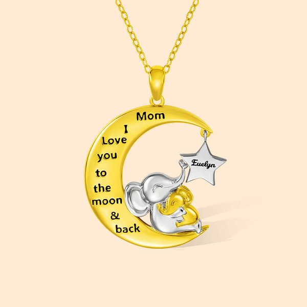Personalised I Love You To The Moon And Back Mother Kids Elephant Necklace with Names