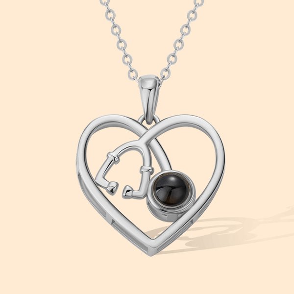 Personalised  Heart Stethoscope I Love You in 100 Languages Photo Projection Necklace 925 Sterling Silver