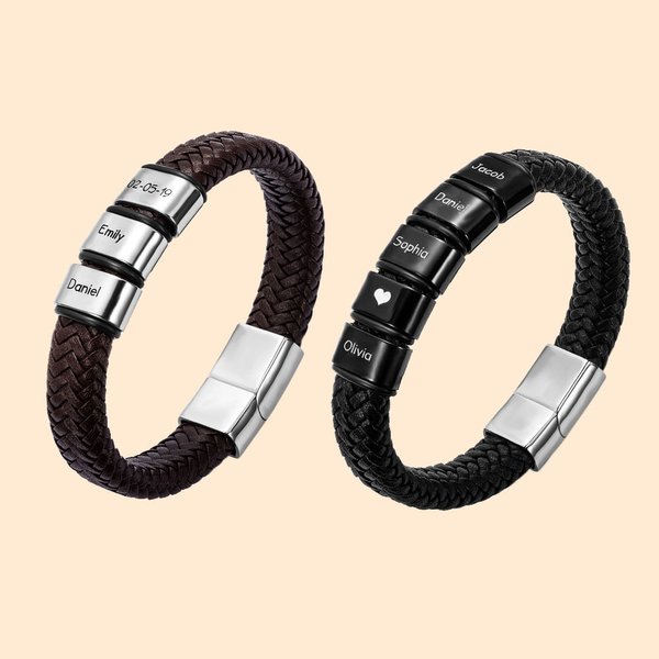 Personalized Men's Braided PU Leather Bracelet with 1-8 Engraved Name Beads Family Name Father's Day Birthday Gift for Dad Grandpa