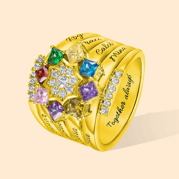 Personalizado 1- 9 Square Birthstone Anillo con nombre grabado Familia Pareja Joyería de plata esterlina Cumpleaños Día de San Valentín Regalo para el