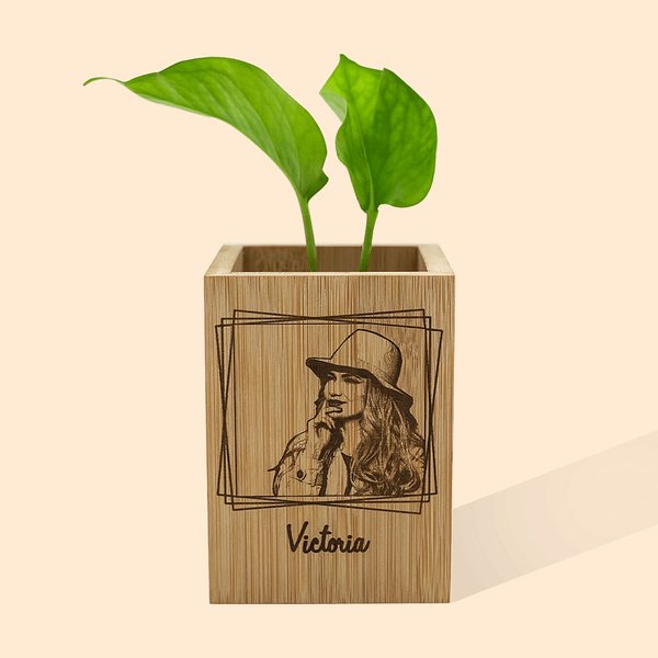 Personalized Photo Wooden Flower Pot with Name Housewarming Gift for Family Friend