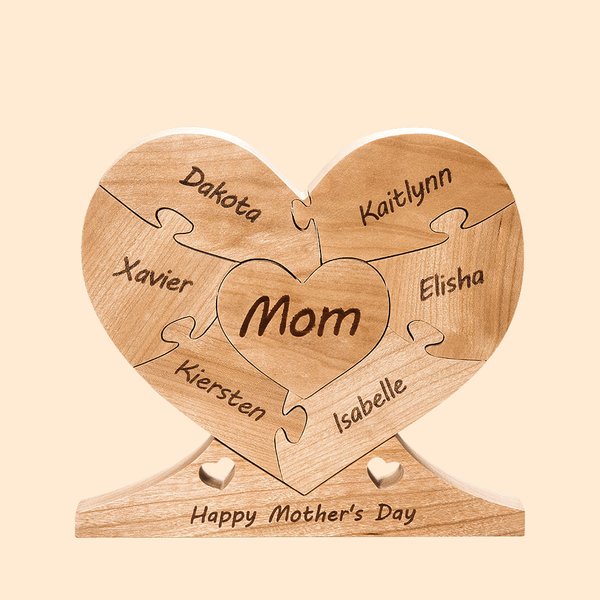 Placca personalizzata in legno con cuore e puzzle dell'unità familiare con 1-6 nomi Natale, Festa della Mamma, Giorno del Ringraziamento, Decorazione 