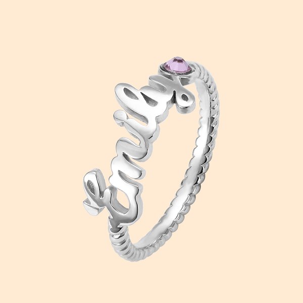 Bague Personnalisée avec Prénom et Pierre de Naissance Bague d'Argent en Forme de Corde Cadeau Anniversaire Fête pour Femme