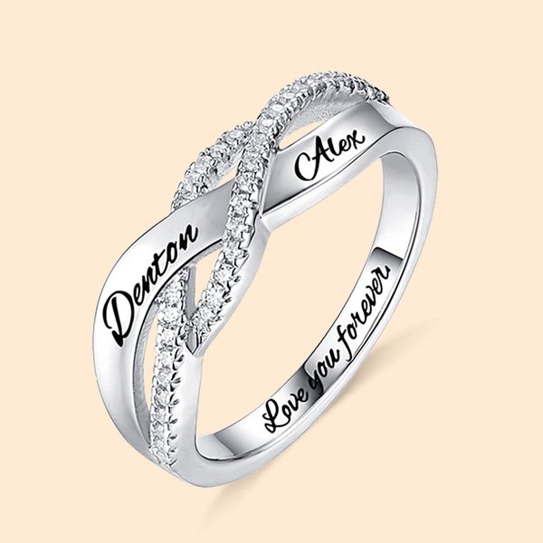 Personalisierte Twisted Sterling Silber Ring mit eingraviertem Doppelnamen und Text Valentinstag Jahrestag Geschenk für Paare