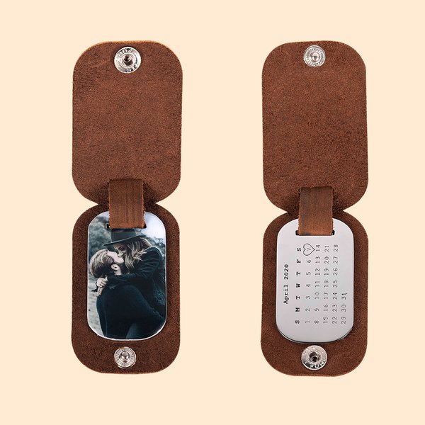 Porte-clés en Cuir Personnalisé avec Photo Calendrier Date er Nom Cadeau d’Anniversaire Noël Mariage pour Homme Femme ou Couple