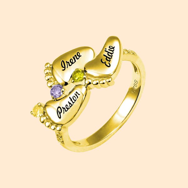 Anillo personalizado con nombres de bebé y piedras de nacimiento