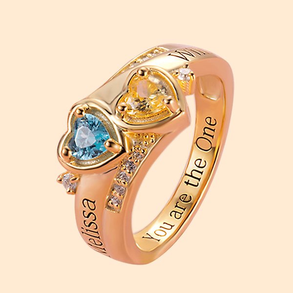 2 Anillo Corazón para Mujer con Nombres y Piedras de Nacimiento