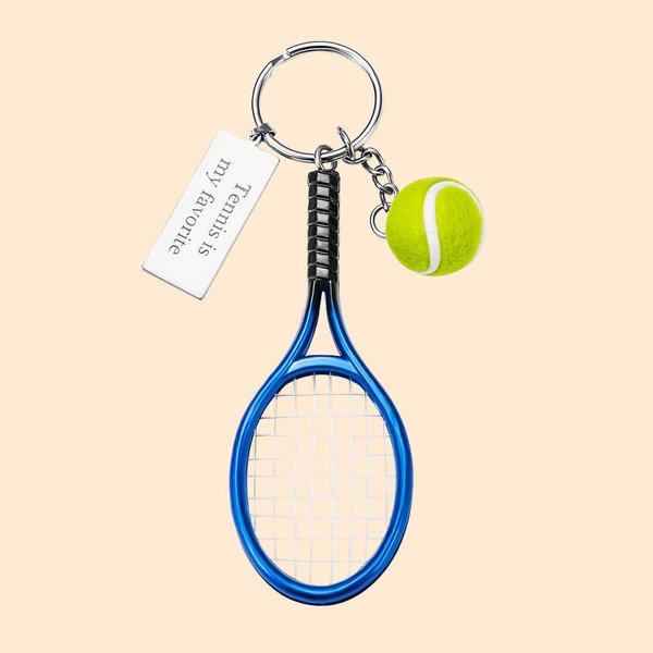 Mini portachiavi personalizzato per racchetta e pallina da tennis con testo inciso Regalo di compleanno e gioco per gli amanti del tennis