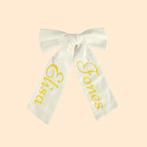 Embroidered Name Long Hair Bow Cotton