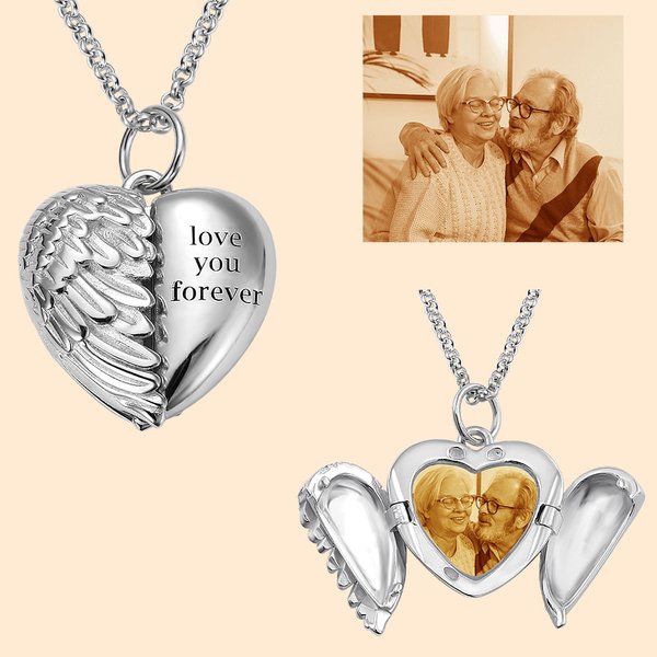 Personalised Picture Locket Angel Wings Heart Necklace