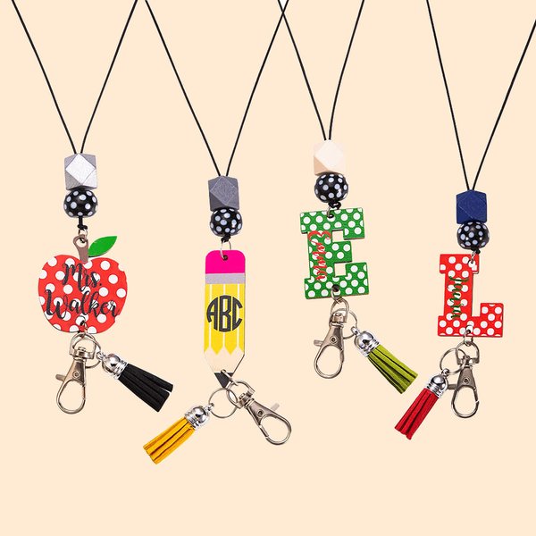 Engraved Pencil/Apple/Initial Lanyard Id Badge Holder
