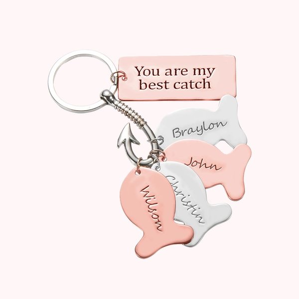Porte-Clés Personnalisé avec Gravures Design Crochet et Poisson Cadeau Anniversaire Fête pour Ami Papa Amateur de Pêche