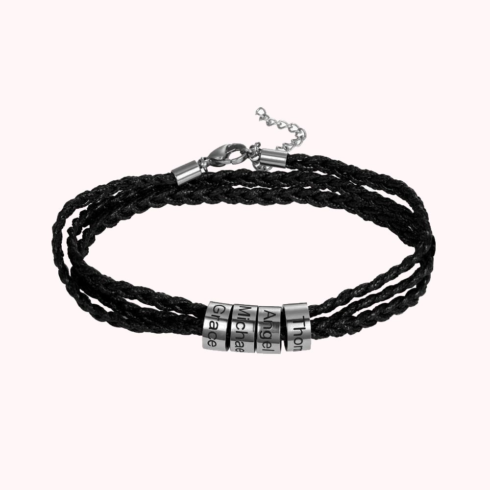 Personalised Braided Leather Bracelet Custom Name Beads &