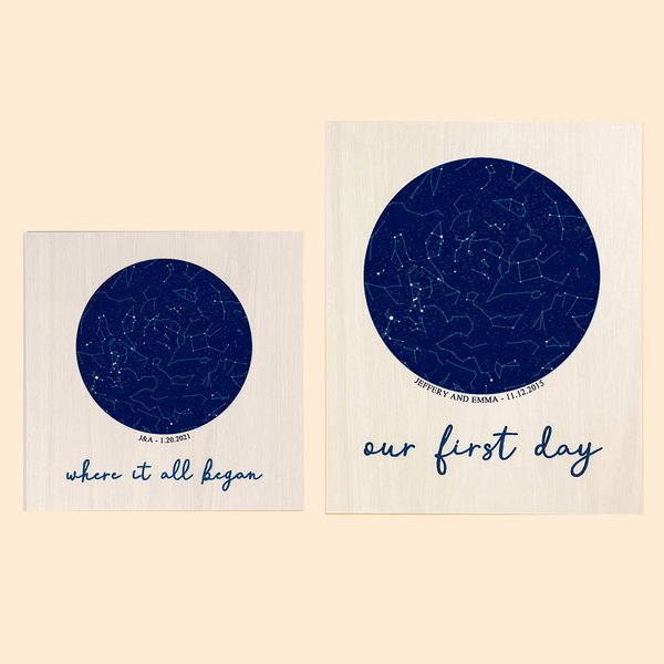 The Night Sky Constellation Map Chart Wood Print with Custom Date & Names
