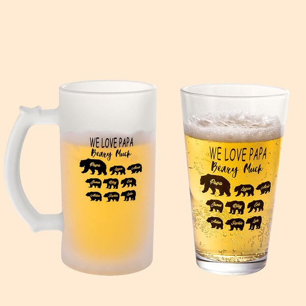 Personalised We Love Papa Beary Much Beer Mug Glasses with 1-9 Baby Bears and Names Birthday Father's Day Gift for Dad Grandpa