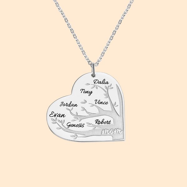 Personalised Heart Family Tree Necklace with Engraved Kid Name Mother's Day Birthday Gift for Grandma Mom