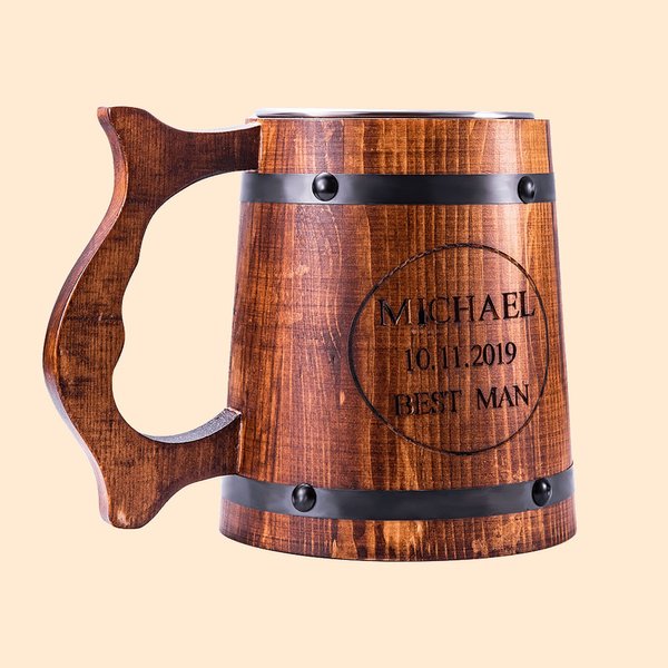 Tazza di birra in legno e acciaio inossidabile con manico resistente 500ml regalo divertente e speciale ideale per festa del papà per uomo