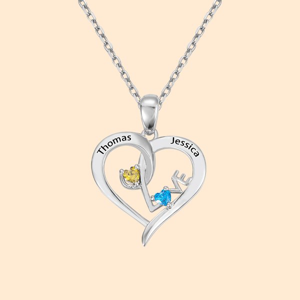 Liefdes Hart Ketting met Dubbele Namen & Geboortestenen Voor Vrouwen