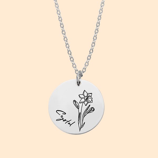 Gepersonaliseerde Geboorte Bloem Schijf Ketting met Gegraveerde Naam Moederdag Verjaardag GIft voor Vrouwen