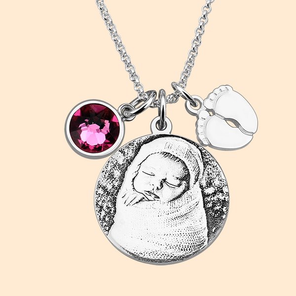 Collana personalizzata in argento con foto della pietra di nascita, con piedini e nome inciso Regalo per la festa della mamma per la nuova mamma