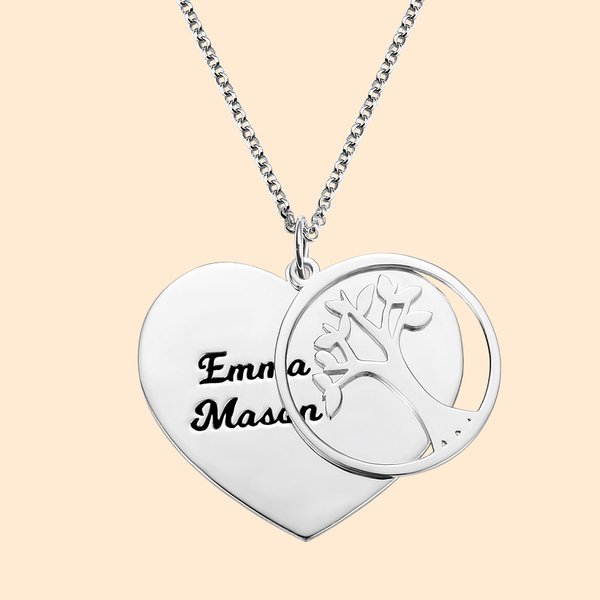 Collier de Cœur Gravé Personnalisé avec 1-13 Prénoms Pendentif Cœur et Arbre Généalogique Cadeau pour Maman Grand-Mère