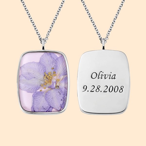 Women Dried Pressed Birth Month Flower Necklace with Back Engraving | Callie