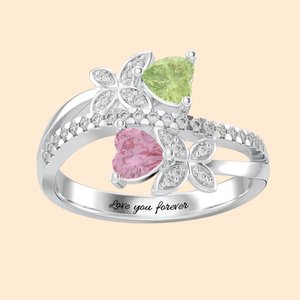 Bague Papillon Personnalisée avec 2 Pierres de Naissance et Gravure Intérieure Bague en Argent pour Femme Cadeau Anniversaire Fête des Mères