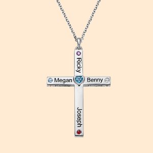Pendentif Personnalisé Prénom Collier de Croix avec Nom de l'Enfant et Pierre de Naissance Cadeau de Fête des Mères pour Femme
