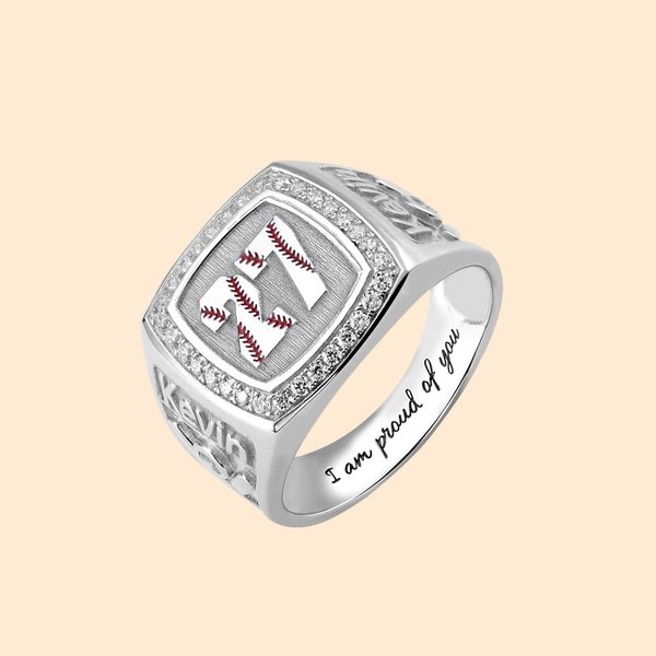 Bague Personnalisée avec Nom Pierre de Naissance et Numéro en Motif Base-ball Cadeau Anniversaire pour Amoureux de Base-ball